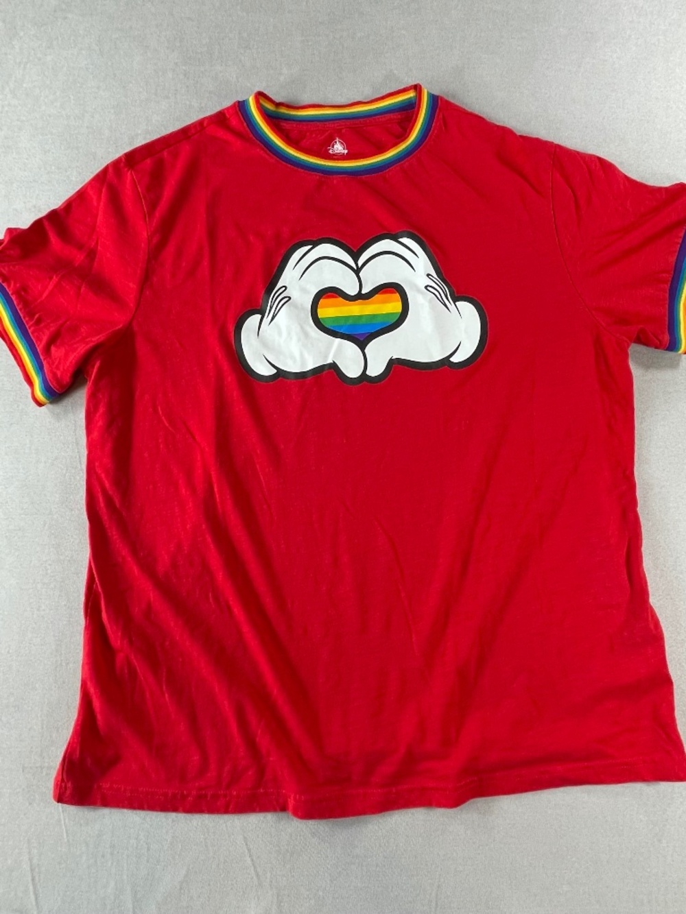 Disney Mickey Mouse Pride Rainbow Heart Hands Ringer T-Shirt Red Unisex XL Adult
